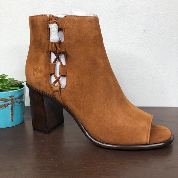 NEW Frye Amy Side Ghillie Suede Leather Open Toe Booties In Nutmeg Size 9.5M - Picture 1 of 7